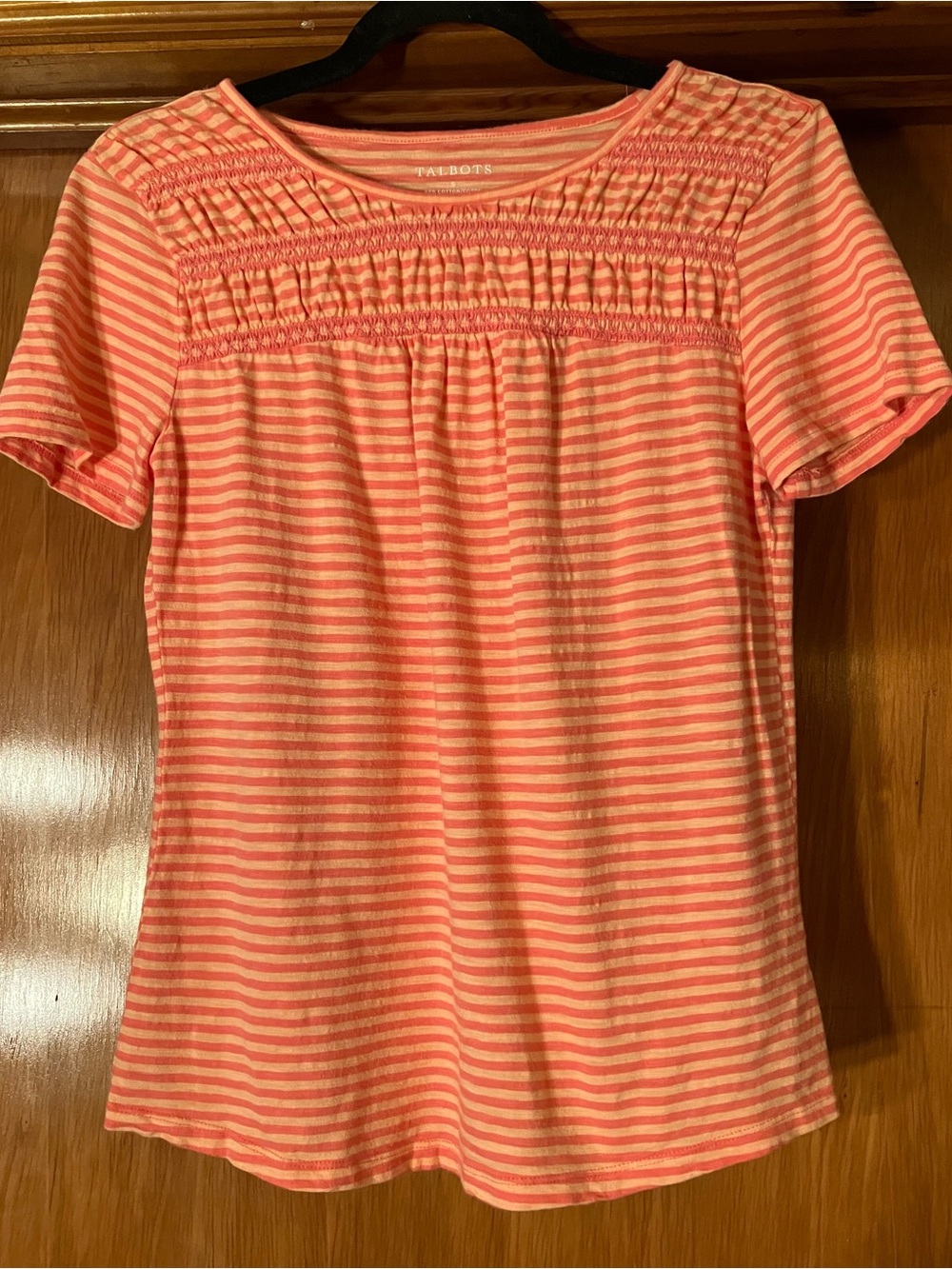 Talbots Coral Striped Short-Sleeve Smocked Yoke Tee